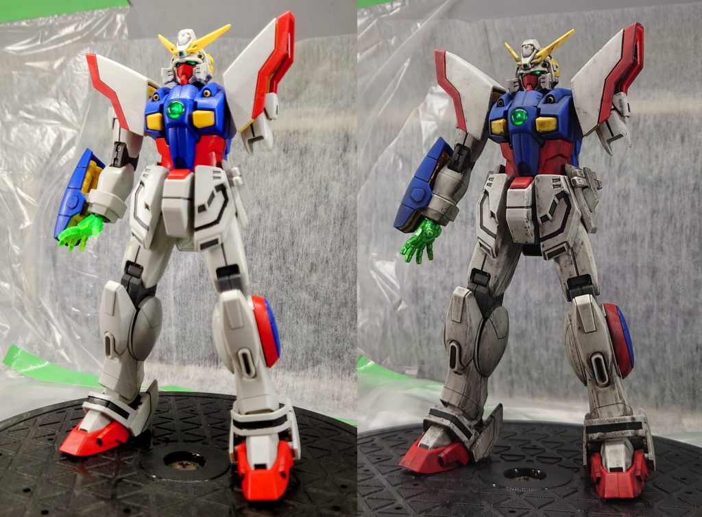 塗装前(左)ウェザリング後(右)右の状態に破損個所をもうちょっと汚して完成にしました。ビビりながらの汚しだったので思い切りが足りなかった気もしますが次に活かせると考えていきたいと思います。単に素組につや消しをするより色味が変わってお手軽に良い感じになるという事に気付けたのも収穫でした。今後はウェザリングも選択肢に入れながら色々と作っていきたいと思います。最後までご閲覧ありがとうございました!