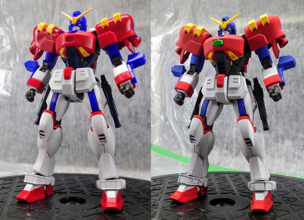 仮組(左)塗装後(右)今回は本当に塗装後の組付けに苦戦し本来であれば仮組の時に気付いて対処するべきでした。ただこの時気にしていたのは胸の装甲とファイティングナックルの稼働だけで肩には意識が回らず……要勉強です。