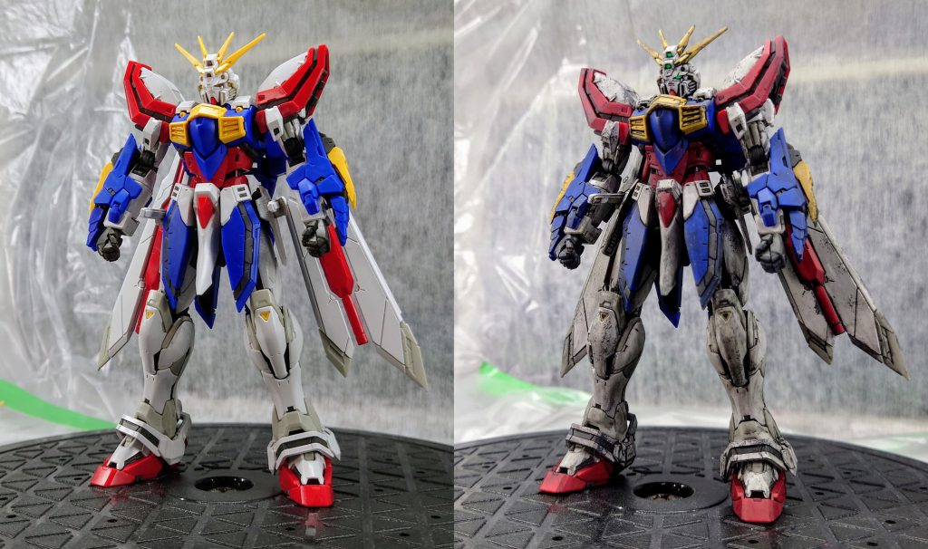 塗装前(左)ウェザリング後(右)右の状態に少し手を加えて完成にしました。 シャイニングの時に少し遠慮がちにしてしまったのでゴッドは少し多めのつもりでウェザリングしました。シャイニングの時とサイズが違うので思ったよりも汚しが乗ってしまいましたが個人的には満足しています。