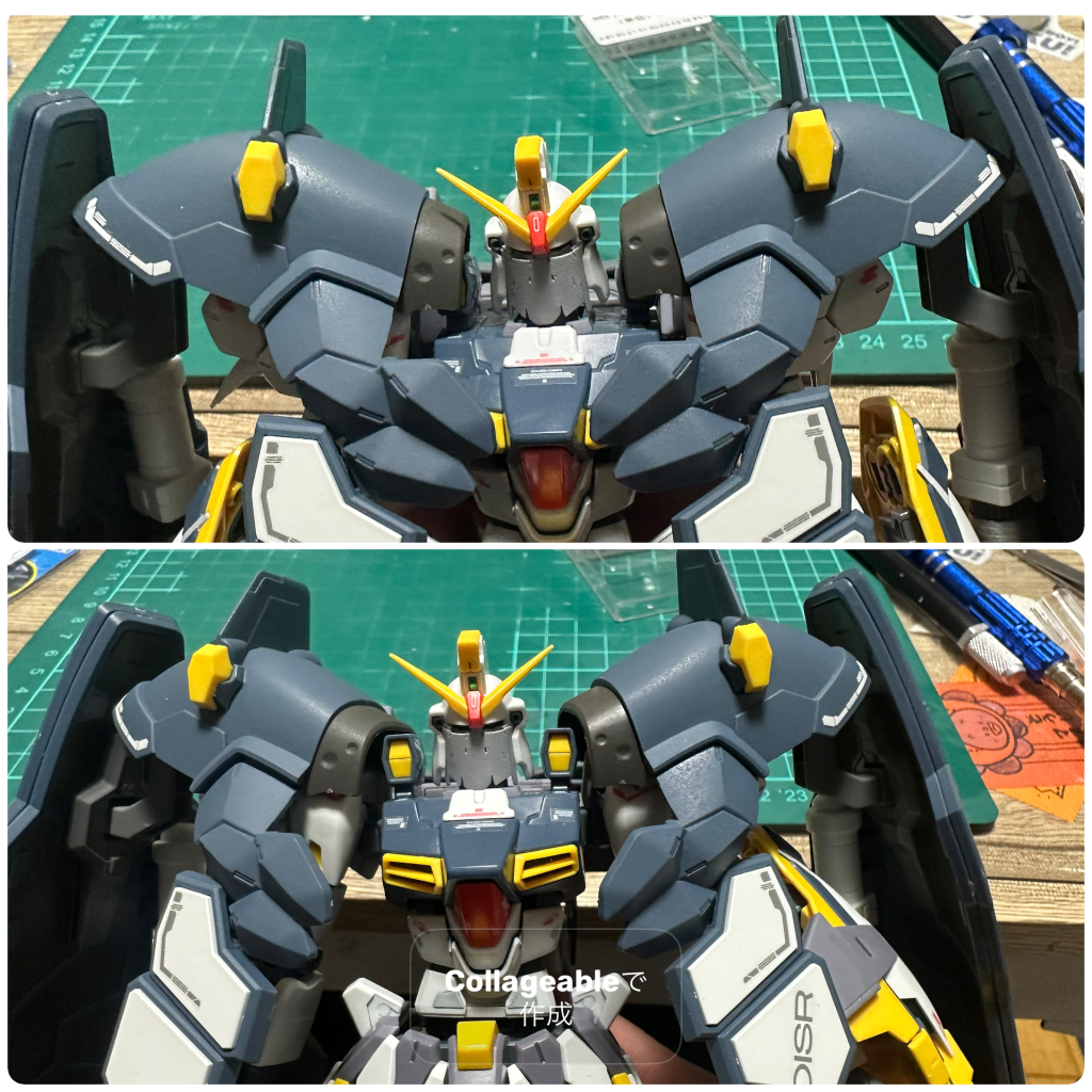 ボールジョイントの恩恵でアーマーを外側 内側に可動させれるようになったので、腕を上げたい時は外側に移動させれば可動の邪魔にならないようになりました。