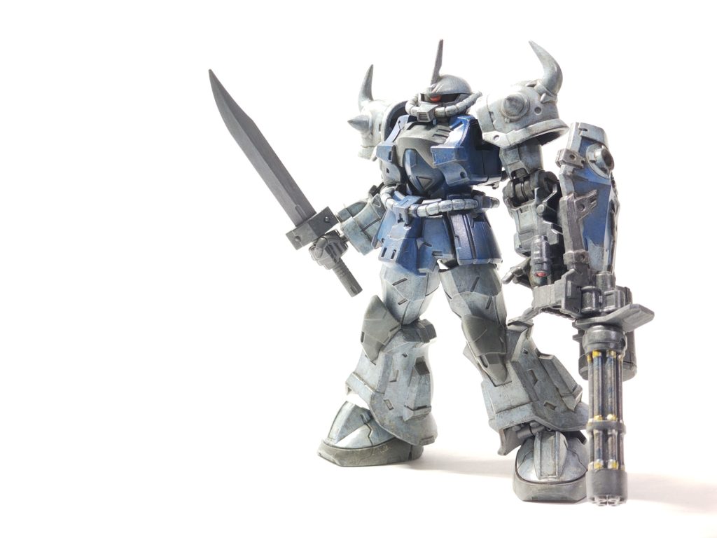 清水式筆塗り、以下、色レシピは自分用メモです。役立つ人一人でも居れば幸いです。メカサフヘビィ後の水性ホビーカラーです。水色: イザーク専用機スカイブルー > RLM65ライトブルー紺: インディブルー > ガンダムエアリアル改修型ブルー膝靴: RLM74グレーグリーン > ジャーマングレーグラウ退色バックパック: ジャーマングレーグラウ > ジャーマングレーグラウ退色武器: ファントムグレー > RLM75グレーバイオレット +金属系各種ダークグレーチッピング > 半光沢トップコート > ダークブラウンウォッシング> 足元汚し はいつもの工程。自分的に下地が透けているのとチッピングの差がわからなくなれば成功としています。