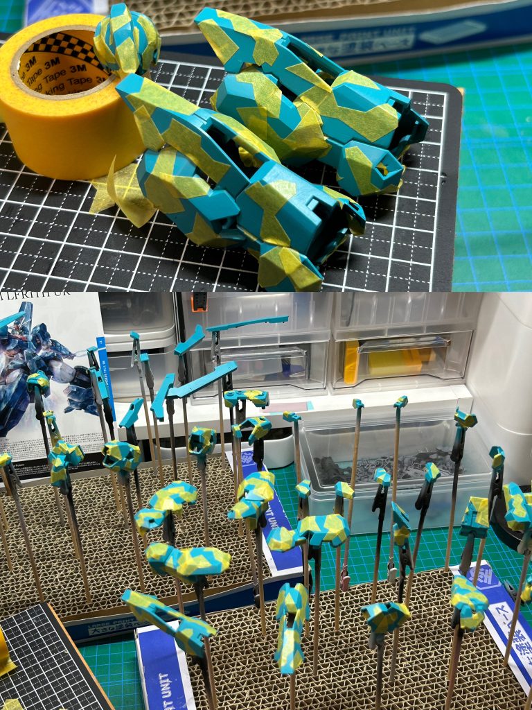 スプリッター迷彩 失敗版 素組で塗装もそのままだと、のちのちこのキットの印象が残らないかもということで、変わり種としてスプリッター迷彩を施すことにしました。 過去作のG3ガンダムやSDザクで施したスプリッター迷彩と同じ処理をしていたのですが、ひととおりマスキングを施して感じたのは「う〜ん、いまいち…」 凸凹が多い造形のせいか、それとも迷彩のサイズ感があっていないせいか、ただワタシが下手なのか、うまくいかなそうだったのでイチからやり直すことに。