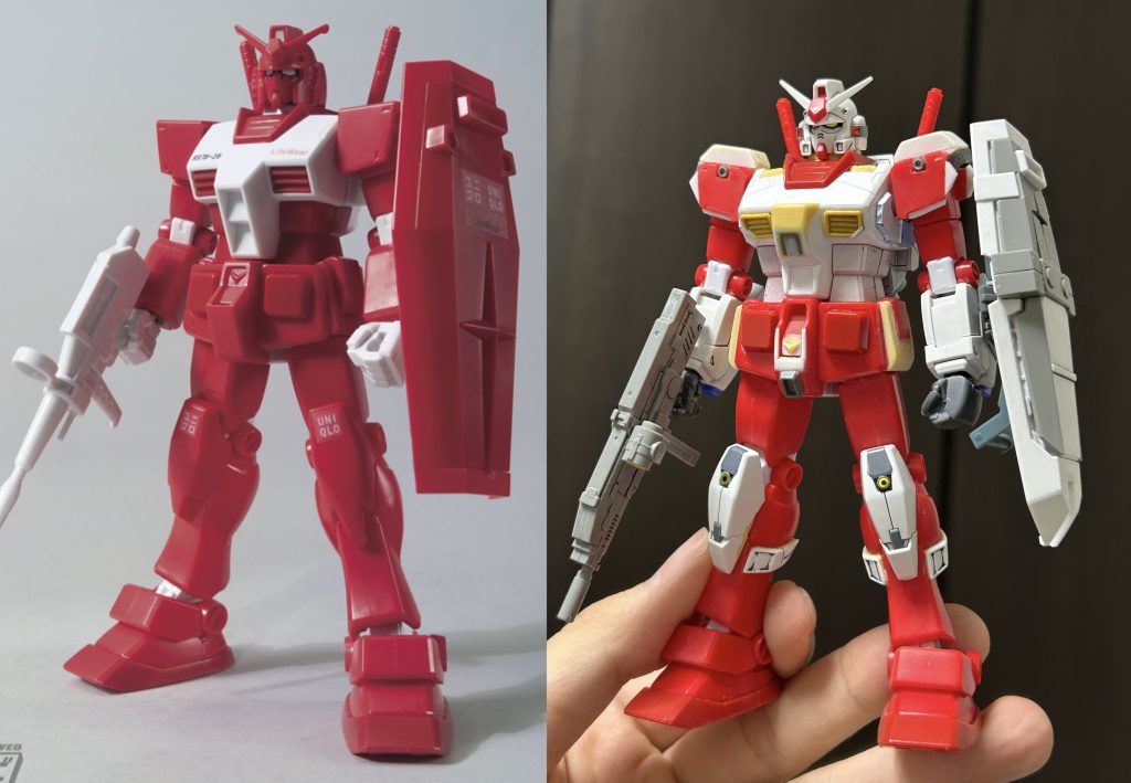 元になったユニクロガンダムと制作中の物の比較です。ボディ以外の白い部分は7号機からの移植とプラ板です。こう見るといじった部分がわかりやすいですね成型色が赤なこともあり塗装にかなり手間取りましたね... 右の画像はこのあと胸部の形状を少し変えましたが、ほとんど改造が終わって塗装前の状態です。腰部の形状変更に少し時間かかりました。V字をパテで作り直して貼り付けています。画像引用元電ホビhttps://hobby.dengeki.com/news/728221/