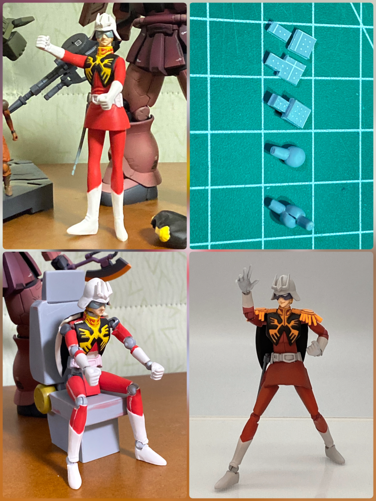 制作時間の大半はシャアに注いでいます。古いゲームのおまけの1/20フィギュアをバラし、ボールジョイント9個、プラ板から削り出した自作球体関節8個により自在なポーズを実現。こだわりの接地性で、しっかり自立します😃作りが甘い所を自作パーツに差し替えディテールアップ、全塗装を行いました。