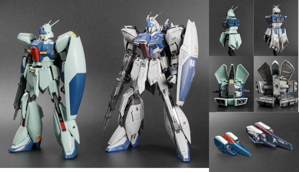 制作は設計段階からMGリガズィを傍らに置いて進めました(膝パーツ、一つ無くしてしまった。。。ごめんよMG)。脚部やバックパックなどはやや大型化していますが、それ以外の基本的なパーツのスケールはMGに合わせてます。モデルとなる立体物があるかないかで、3次元の設計の効率が格段に変わると思います(特に初心者は)!