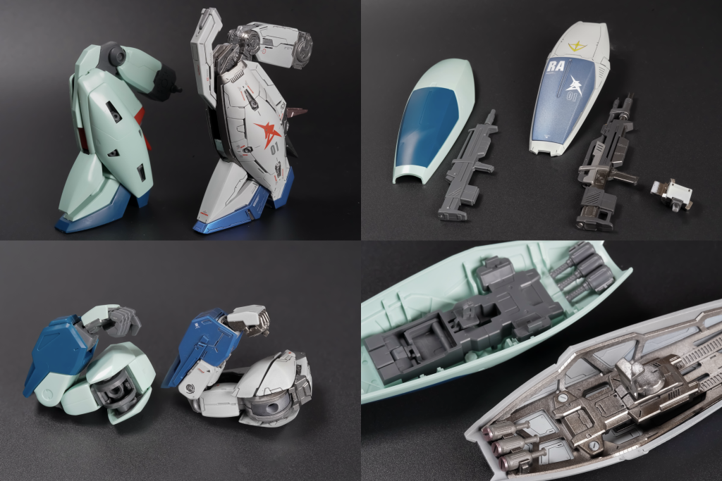 各部の比較はこんな感じ。可動域、肘も膝も若干MGに負けてるやん。ライフルは大型化、シールドは薄型化。細かいところでは、肩関節の内側がスカスカに見えないように設計工夫したり、ライフルのパーツ分けを細かくして、より「銃器っぽさ」を表現しようと頑張ってみた!リガズィって、微妙にライフルとかも弱々しさがあって、それも魅力ではあるんだが、せっかくなんで今回はヒロイックな仕上げで。