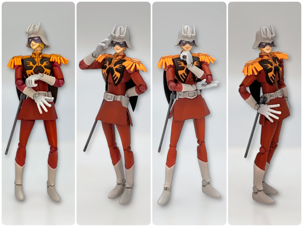 ハンドパーツは左右2種ずつの差し替え式、右腰の長いのは磁石アタッチ、肩のシャラシャラはクリアマステを貼り合わせた物を軟質のレジンでコートし、プラ棒を貼っているので、根本が動きます。平手を作ったことで、いかにもシャアらしいポーズが取れるようになりました！めちゃくちゃ楽しいです😆