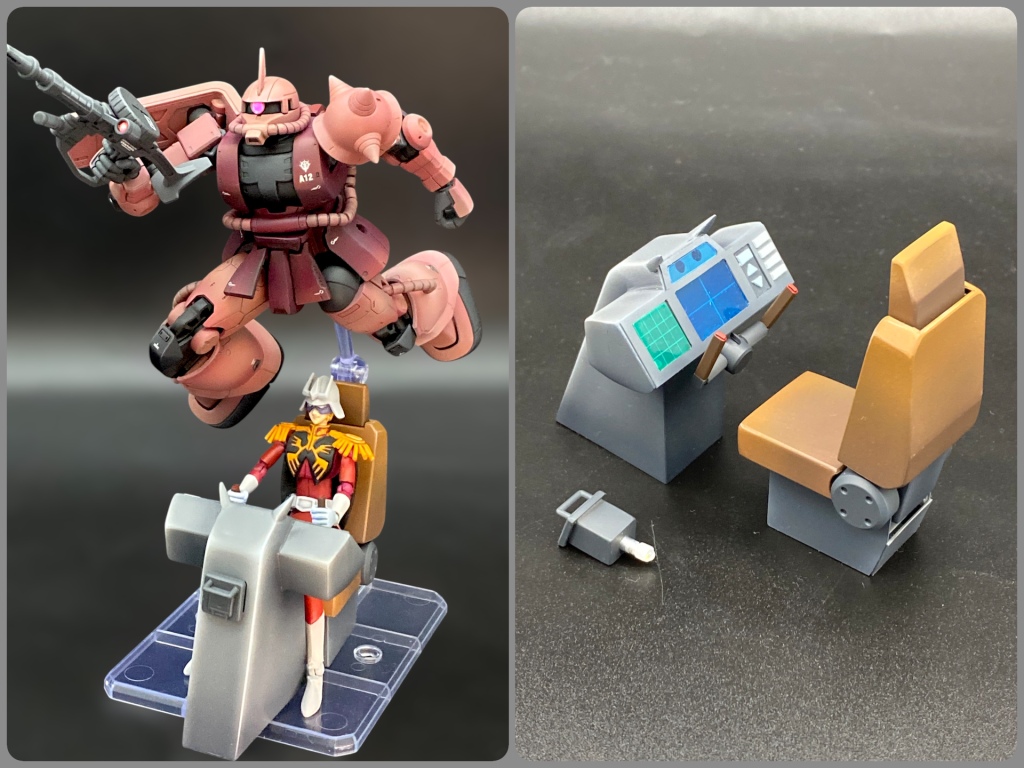 撮影小物としてザクのコクピットをプラ板工作しました。シートは無駄にリクライニング、ヘッドレストの角度が変えられる贅沢仕様です😁操作パネルは設定画を参考にしつつ、なんとなくででっち上げました。前からミライトを差し込むとパネルが光る構造になってます。もちろん操縦桿も握れます。