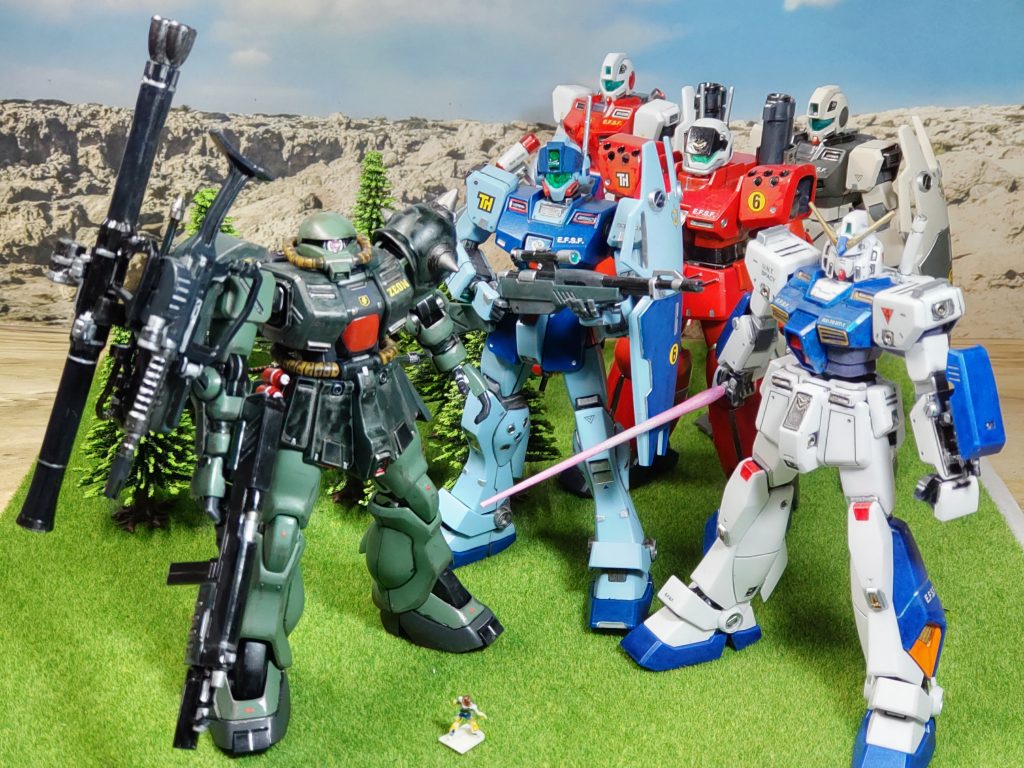 使ったキットHGUC ザクⅡ改 (ユニコーン版)HGUC ガンダムNT1 HGUC ジムスナイパーⅡ HGUC 量産型ガンキャノン HGUC ジム・コマンド(コロニー仕様) HGUC ジム・コマンド(宇宙仕様) ちなみに、アルは1/144の人形にアルっぽい配色を施しました