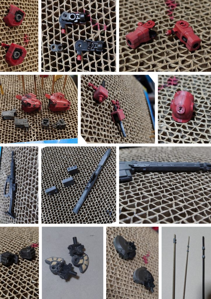 肉抜き穴埋めと合わせ目消しの様子。肉抜き穴埋めは膝関節に実施。合わせ目消し(+後ハメ加工)は肩アーマー、肩関節ブロック、前腕、膝関節、脛装甲、足首関節、武器類に実施。左肩アーマーだけ、組み立て作業中に合わせ目で割れてしまったため、塗装の上から再度合わせ目を消し、塗り直しました。頭部、腹部〜バックパック、太腿〜脛のパイプは市販のスプリング・プラパイプに置き換えてディティールアップ。ついでに、太腿側のパイプ取り付け穴はパテとプラ板で穴を縮小。脹脛のパイプは無しにアレンジ、取り付け部分をディティールアップパーツで塞ぎました。