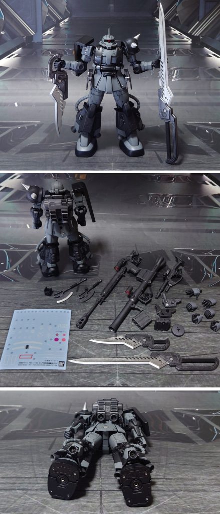 対艦刀のサイズ比較、付属品一式(+シャア専用デカール)、下からのアングル。手首は不足している左右握り手、右平手の他、右銃持ち手、武器持ち手をHGUCグフカスタム、システムウェポンキットから追加。手の甲パーツもグフカスタム、システムウェポンキットから同じデザインの物を必要数流用。元々付属するザクⅡ手首のボールジョイントは大きすぎるため、追加分の手首共々塗装後に削って調整しました。武器類については、ザクマシンガン、バズーカ、対艦ライフルのグリップにある、左手用の固定ダボは不要と判断したため、削り落としました。更に、他社パーツから対艦刀として、実体剣二振りを追加。元グフカスタムの武器持ち手を削り、グリップサイズに合わせました。