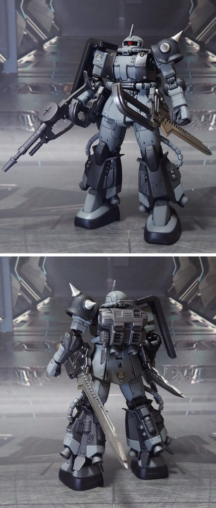 高機動型ザクⅡの前後ろ。工作はゲート痕の処理、エッジ尖らせ、肉抜き穴埋めとできる範囲での合わせ目消し、ヒケ対処、市販のプラ/金属パーツ埋め込み・貼り付けでディティールアップ工作。