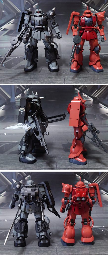 ジ・オリジン版のシャア専用ザクⅡ(S型)との比較。■塗装レシピグレー:黒サフ→呉海軍工廠グレイ→つや消しパイプ外装グレー:呉海軍工廠グレイ→つや消し黒:黒サフ→メタリックブラック→つや消しスラスター類:黒サフ→ブライトガンメタル→つや消し武器類グレー:黒サフ→ガンメタル→つや消しモノアイレール:黒サフ合わせ目消しで挟み込んだポリキャップ:PPプライマー→(黒と同じ)それ以外のポリキャップ:PPプライマー→ブラック→つや消し対艦刀銀:黒サフ→ダークブルー→メタルシルバー→光沢対艦刀グリップ・対艦刀ジョイント・ヒートホークグリップ:黒サフヒートホーク刃:黒サフ→ガンメタル→ガンダムマーカー・シャインシルバー→つや消しモノアイ・マシンガンセンサー:市販のレンズパーツ、シール素材を使用→光沢バズーカセンサー、対艦ライフルセンサー:市販のシール素材を使用その他部分塗装、墨入れ:ガンダムマーカー各種