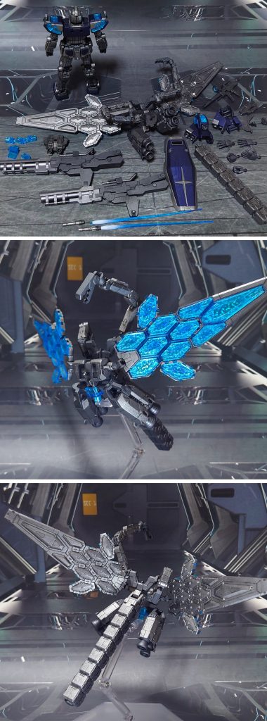 付属品一式と、グラスフェザー装備の単体ディスプレイ。■塗装レシピ銀:黒サフ→シャインシルバー→つや消し青:黒サフ→シャインシルバー→ディープメタリックブルー→つや消し赤:黒サフ→シャインシルバー→メタリックレッド→つや消しスラスター類グレー:黒サフ→ガンメタル→つや消し関節等グレー:黒サフ→ブライトガンメタル→つや消しポリキャップ:PPプライマー→ブライトガンメタル→つや消し武器類グレー:黒サフ→メタリックグレイ→つや消しビームライフルセンサー:黒サフ→メタリックブルー→ガンダムマーカー・光の翼ホロブルー→光沢ビームサーベル刃(クリアブルー成型):根本にベースホワイト→先端にメタリックブルー→光沢ツインアイ:黒サフ→光沢→ガンダムマーカー・光の翼ホロブルー→光沢グラスフェザークリアパーツ:光沢その他部分塗装、墨入れ:ガンダムマーカー各種膝位置灯:トップコート前に付属シールを貼り付け