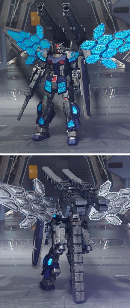 RX-78F00/Eガンダム(フル装備)で前後ろ。エネルギー問題(以下略)装備なのは理解しつつも、やっぱり太キャノンが欲しい!という欲に乗って、他社キットの大口径バズーカをキャノンに見立てて換装パーツに加えました。