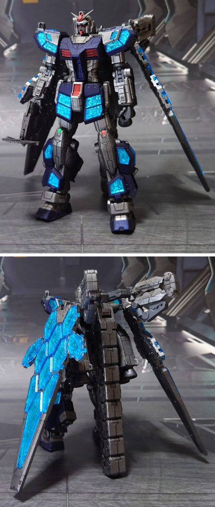 RX-78F00/E ガンダム(グラスフェザー装備)の前後ろ。工作は、ゲート痕処理、エッジ尖らせ、パーティングライン・段ズレ・ヒケの対処、面出し、穴開け、肉抜き穴埋め、合わせ目消しを一部パーツのみ実施。グラスフェザー内部に貼るシールは、キット付属のものをガイドに、市販のシール素材に置き換え、何かしらの粒子を貯めてる感を出しました。