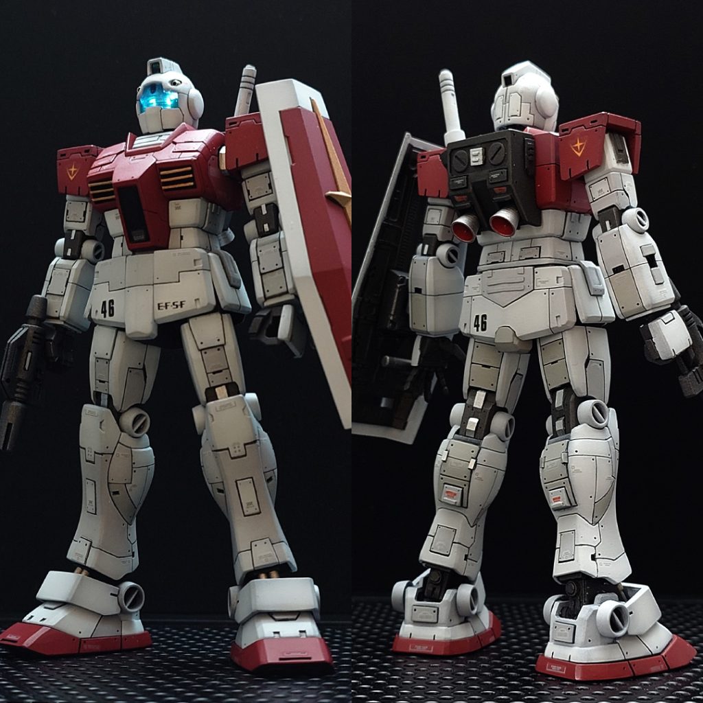 RGガンダムv1.0のデザインを参考に、全体的にスジボリ、プラ板でごちゃごちゃと。あくまで「ジム」をキープ、いろいろ足してジム2とかジム3になってしまわないように。をコンセプトで製作。  