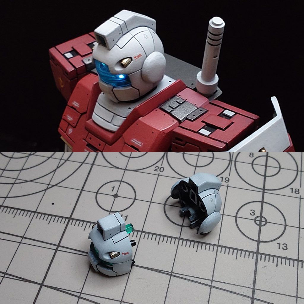 頭部は接着せず、LEDのメンテナンスも考えて分解できるようにしてあります。耳を作って後ろのパーツに接着して、合わせ目はそのままパネルラインに見えるようになっています。カメラアイのLEDは、胸部に仕込んである電池モジュールに磁石を近づけることでオン/オフが可能。LEDの組み込み工作について、ブログにまとめています。ご興味があればこちらからどうぞ。  https://ajimaru.org/plasticmodel/hg-gm-camera-eye_with_led/   