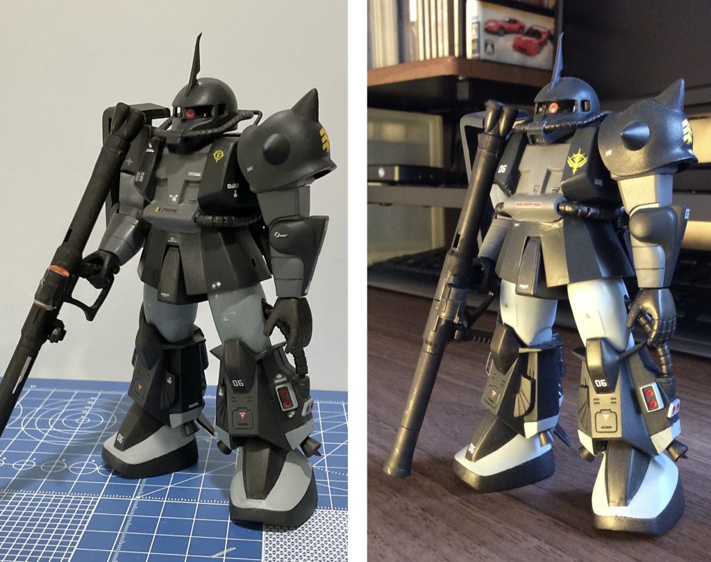 手直し前後の比較です。今回、頭部を後ろに少しオフセットし、胸部もパテで修正しました。