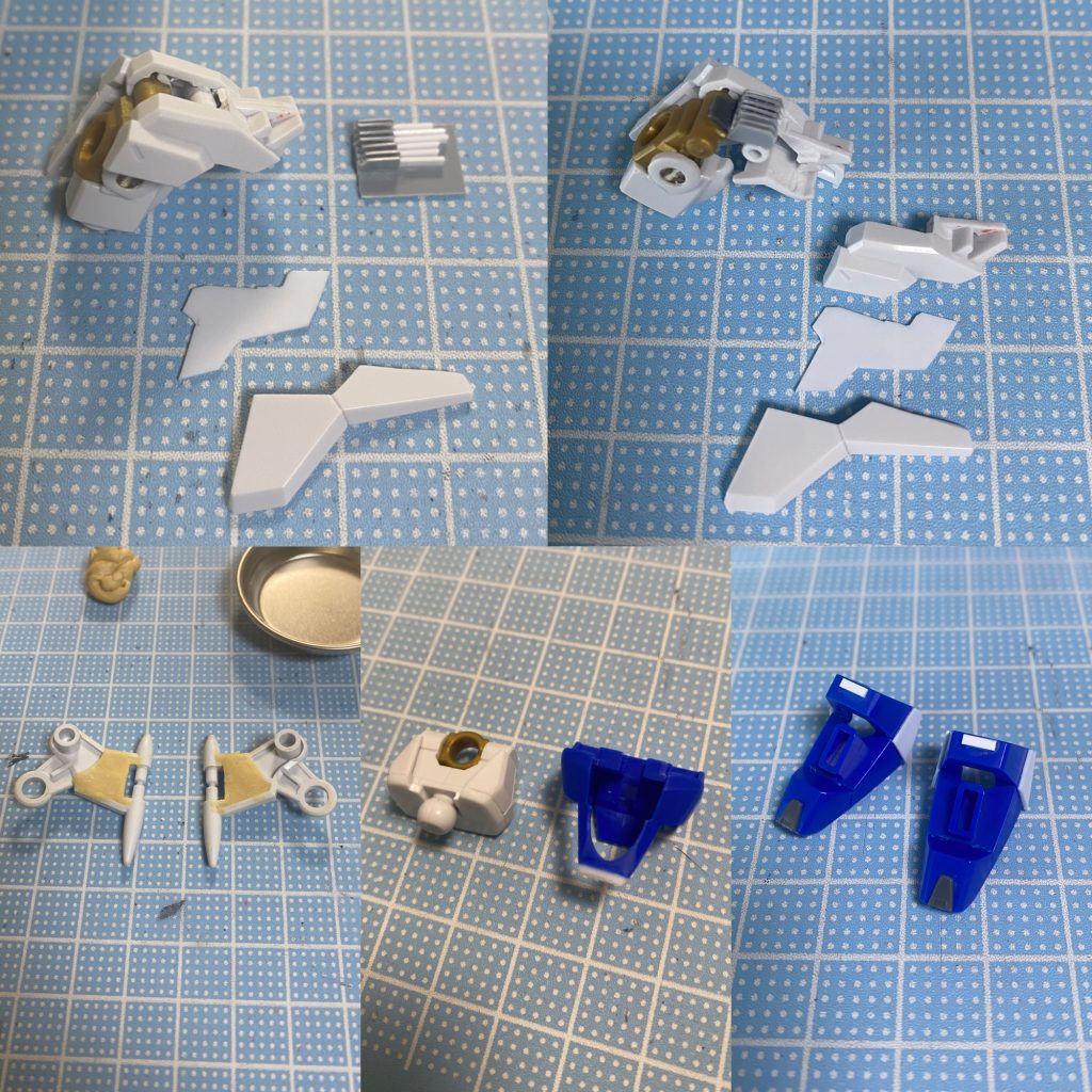 製作風景ショルダーアーマーは、分割するのも、組み合わせるのも苦労しました。あちこちに、不都合が生じ調整しながらの組み込み作業… 大変でした。パテ埋めは、過去の失敗を生かして前回の固まるまで時間がかかるものから、早めに固まるものに変えました。胴体の延長、足のプラ板ディテール。塗装前提のヤツは、塗装するからにはやっておきたい項目ですね。