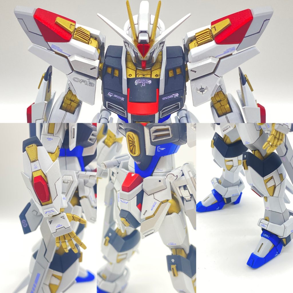 ショルダーアーマーは、RGストフリみたいに内部のゴールドフレームのチラ見を再現。上部のシイタケディテールは、MGEXストフリイメージで製作しましたが、ハイクオリティシイタケには届かず、次回の課題になりました。フロントスカートのゴールドフレームのチラ見は、満足のいくものになったと思います。アームやレッグも所々、MGEXストフリなど意識したディテールアップや塗り分けをしました。※ 後から見ると、メチャクチャ僅かなところしか意識されてないかもだけど…(gundam-kao5)デカールは、ウォーターデカールを使用。MS自体は、オーブがストフリを改修した設定でオーブのデカール、色味もブルー系のデカールに統一。プラウドディフェンダーの方は、コンパス製という意味を込めて、レッド系のデカールを使いMSとの区別をあえてつけてみました。