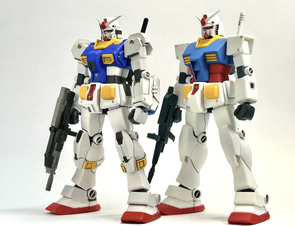 7号機ってシンプルな機体ですがさすがにガンダムと並べると情報量多く感じますね、笑横から見ると腰部の違いがよくわかるのでこだわってやってよかったと思います。