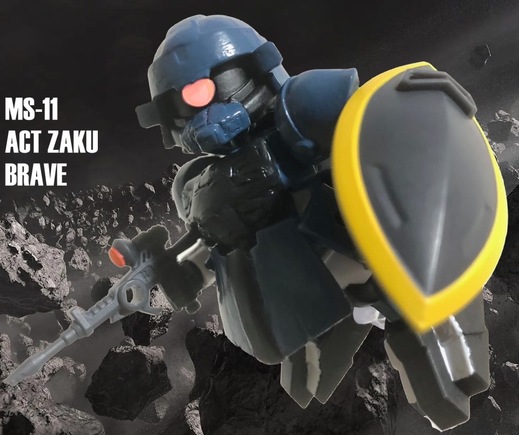 アクトザクといえば、ペズン計画でおなじみの機体ですが、ガンスタでしょっちゅう掲載されているのはオリジンのキットばかりで、SD系が全くありませんでした。これまで連邦軍のモビルスーツばかり作っていたので、たまにはザクでも作ってみるかと思い、作りました。「ブレイブ」は三国伝のサブタイトルの「BraveBattleWarriors」のBraveからとりました。