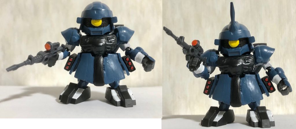 なお、ニュータイプ用に改造された機体はモノアイがゾックやザク強行偵察型のような黄色のモノが採用されており、腰に装備されている小型ビットの狙いを正確にする大口径の高精度・複合カメラが使用されている。(このモードはBB戦士オリジナルギミックです。)