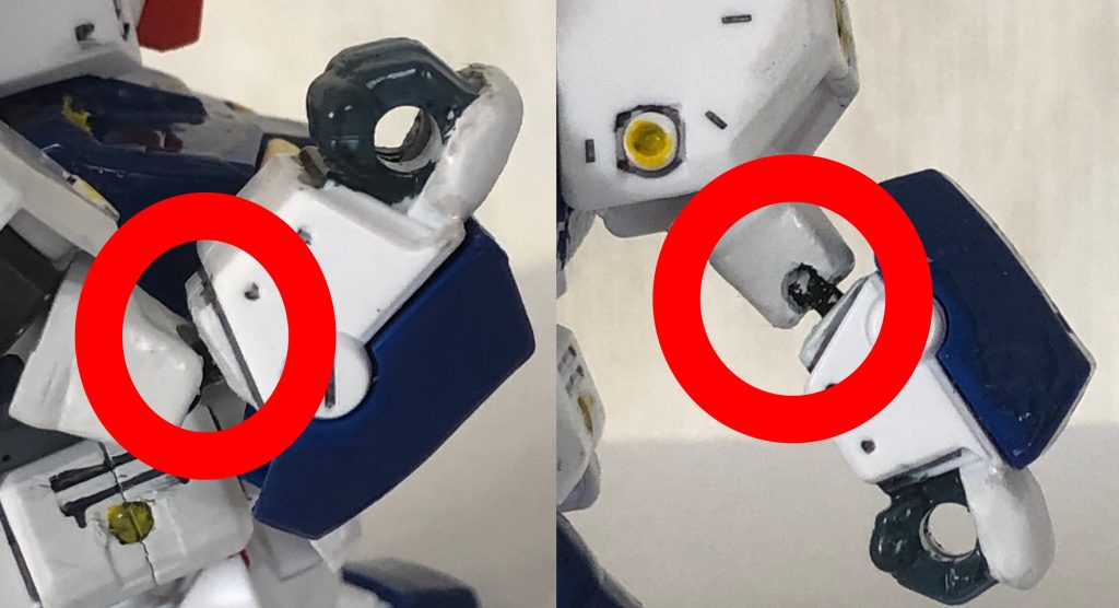 改造ポイントはズバリここです!!ロボット魂のアレックスを参考にしつつ、いつもの通りボールジョイントを追加しております。これにより、劇中のポーズを容易に再現できるようになりました(gandam-hand1)