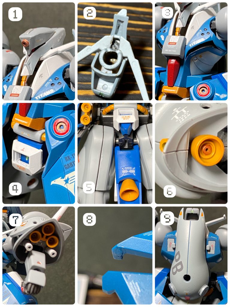 今回の主な改造点まとめです。❶設定ではバルカンが一門埋め込まれている眉間ですが、簡易な凹ディテールのみだったので砲門を付けました。❷非常に小顔な頭部ですが、ネオジウム磁石、3ミリ棒などを駆使して可動式のモノアイレールを埋め込みました。モノアイ自体は強度とスペースの問題から、hアイズではなく蛍光塗装をしたホイルシールです。❸胸部は三つ星モールドや丸モールド、ラインの掘り直し等でディテールアップ。首元が空いて見えたのでジャンクの手甲パーツでカバーしました。❹一体成型だった股間パーツはパイプ部分で別パーツ化し、ジャンクパーツを付けて連邦系の角ばったイメージに。フロントアーマーの丸いディテールは丸モールドを彫り拡散粒子砲に見えるように改修。❺テールスタビライザーに大型ノズルを追加。その他の各部ノズルも中心部を開口。❻肩アーマー下部がさみしかったので、ここにもノズル追加。凹モールドは開口し、横部はランナーに開口したミニノズルを追加。❼ビームサーベルは反対側もエフェクトが取り付けられる穴を開口。❽MA時にフロントアーマーがキッチリ揃わないと見た目に締まらないと思ったので、ネオジウム磁石を埋め込み。今回、初めてネオジウム磁石の工作をしたのですが、手元には金属製のピンセットしかなく手間取りました😅樹脂製のピンセット必須ですね笑❾ 機首となる背部カバーの丸モールドはシールドブースターを取り付けられる様3ミリ穴を開口。両脇の丸いセンサー?は虫っぽい顔に見えるので、コトブキヤの丸モールドで塞ぎました。合わせ目消しはライフルのみで、その他の合わせ目は段落ちモールドとして処理しました。
