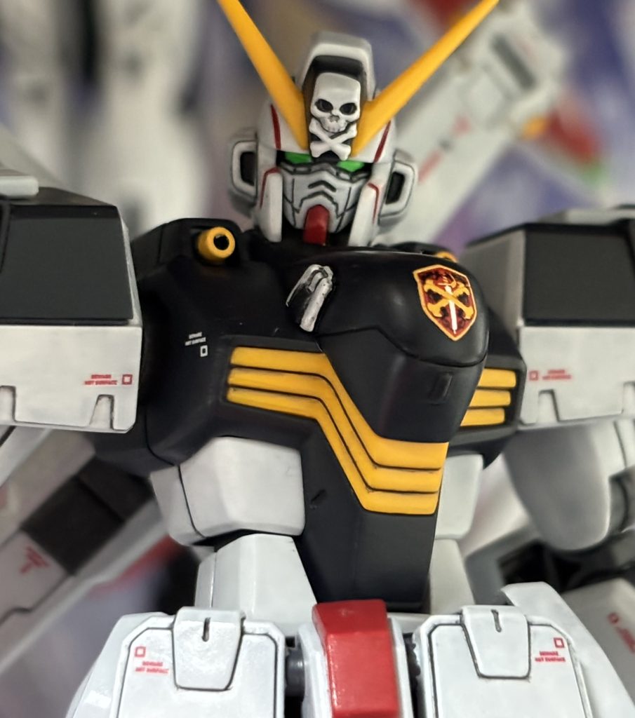 彫りが深いタイプのイケメンフェイス。胸のクロスボーンバンガードは付属のホイルシールを使用しましたが違和感無く収まっていい感じです。