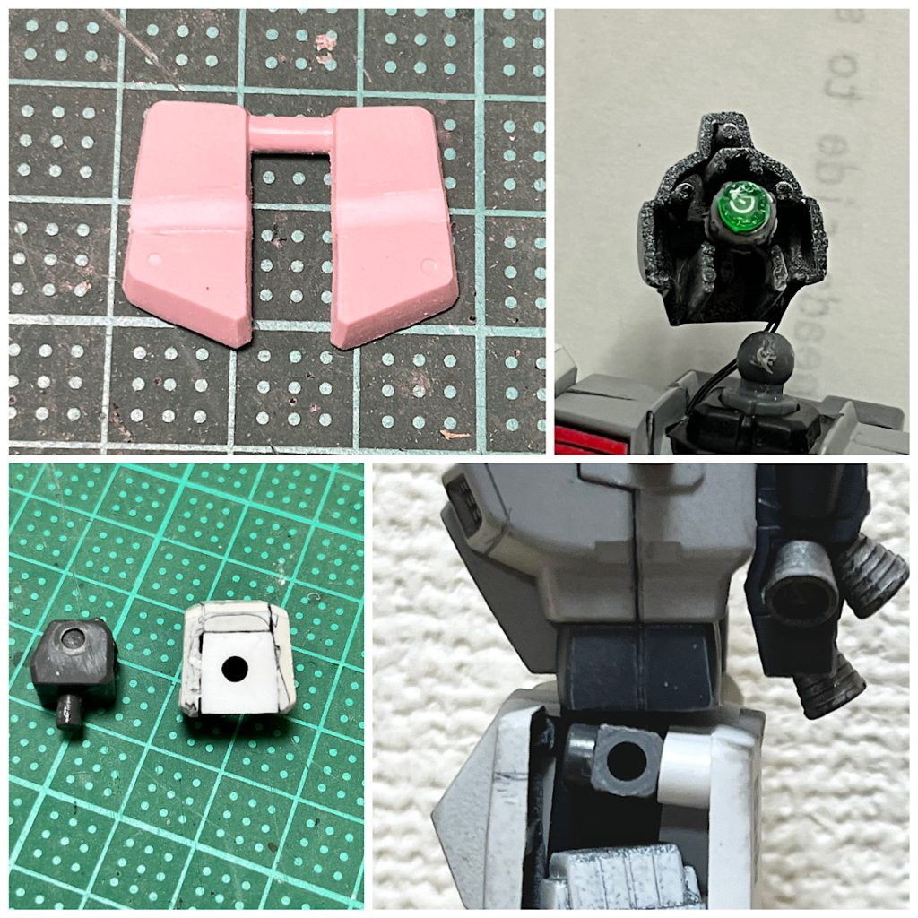 フロントアーマー:プラ板で2.4mm延長頭:LEDを仕込んでます。電池は胴体に格納肩:接続方式を変えて1mmほど情報に修正腰:胴体との接続軸を前傾に変更股関節:足を開くと太ももの付け根が干渉するので、削り込んで調整