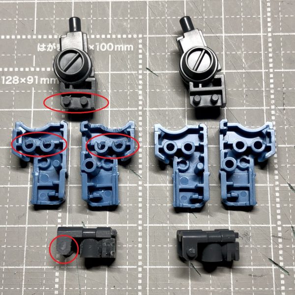 ひじフレームのピン受けをCカットピンを少々削り内側パーツのピンをカット青いパーツは接着して合わせ目処理（2枚目）