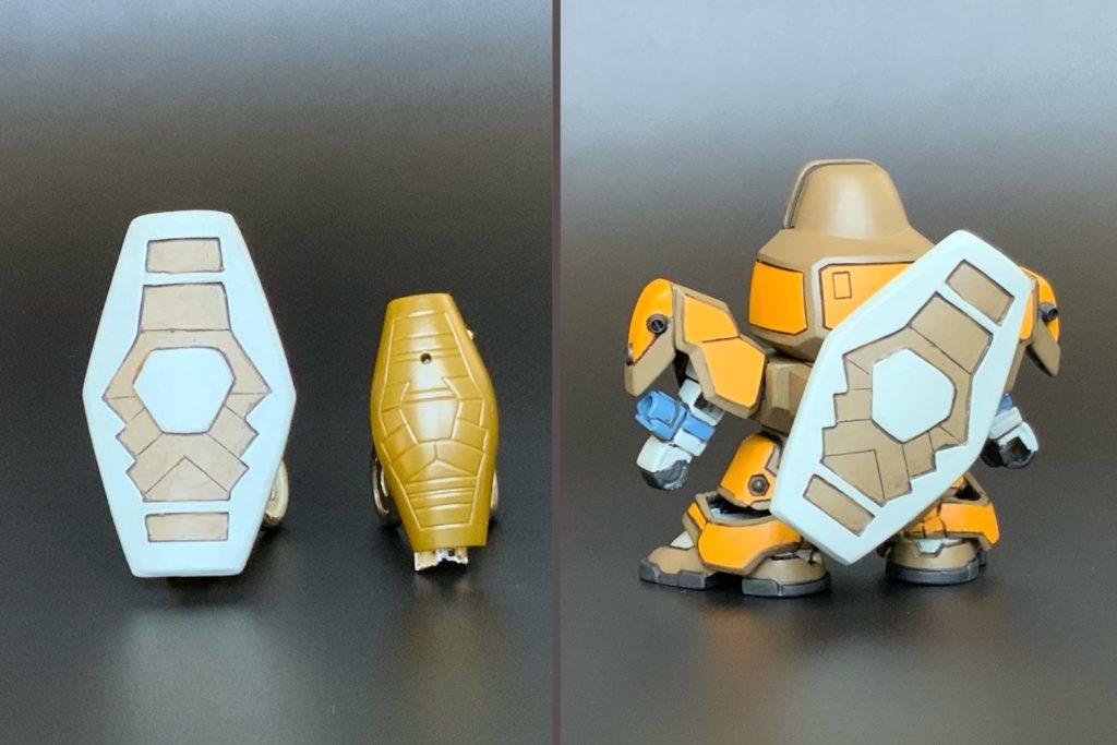 シールドはキットの物よりサイズアップして自作。背中にマウント可能。