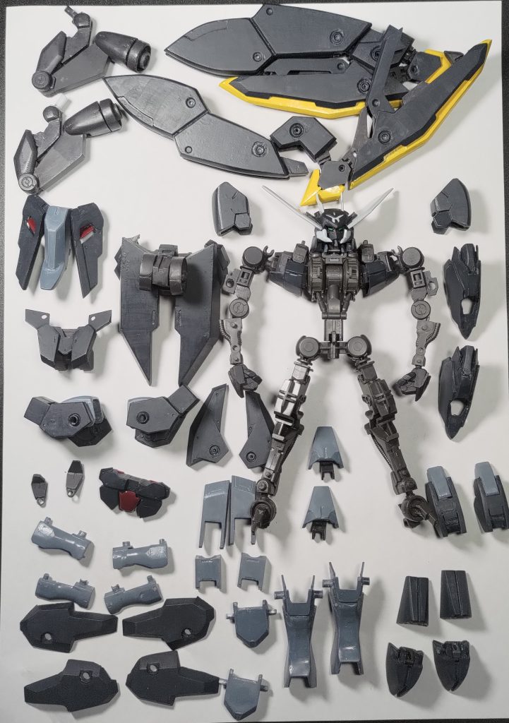 いつものやつです。体系が普通のガンダムフレームと違うので、本来の腕接続部分から肘にかけてフレームを変更しております。今後やる人がいるかはわかりませんが、腕の長さを最初に決めてしまった方がその他のバランスを決めやすいので、おすすめです。ここまで見ていただきありがとうございます。これにて、未発売機体のガンダムフレームは一旦終了となります。バクラザン家の機体とセーレの詳細がでてくることを祈って、終了といたします。