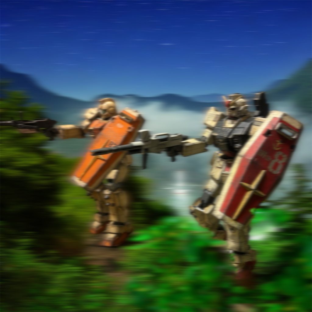 「敵機が歩兵隊と戦車隊を見つける前に、こちらに引きつける!イギー、前に出るぞ!」言うや否や機体を起こす。『転ぶなよ!』「歩行訓練は十分やった!そっちのライフル、ばら撒け!火線を見せてこっちに引きつけろ!」『任せろ!』イギーのジムの、100mmマシンガンが火を吹いた。スカートを履いたような、ずんぐりした機体がこちらに気づいて向かってくる。「速いな……気をつけろ!」『組み付けば脚も止まる!俺にやらせろ!』妙にうきうきした声を出しながら、イギーの機体が前に出た後、2体の巨人が激しくぶつかり合うのを、ヘントは見た。