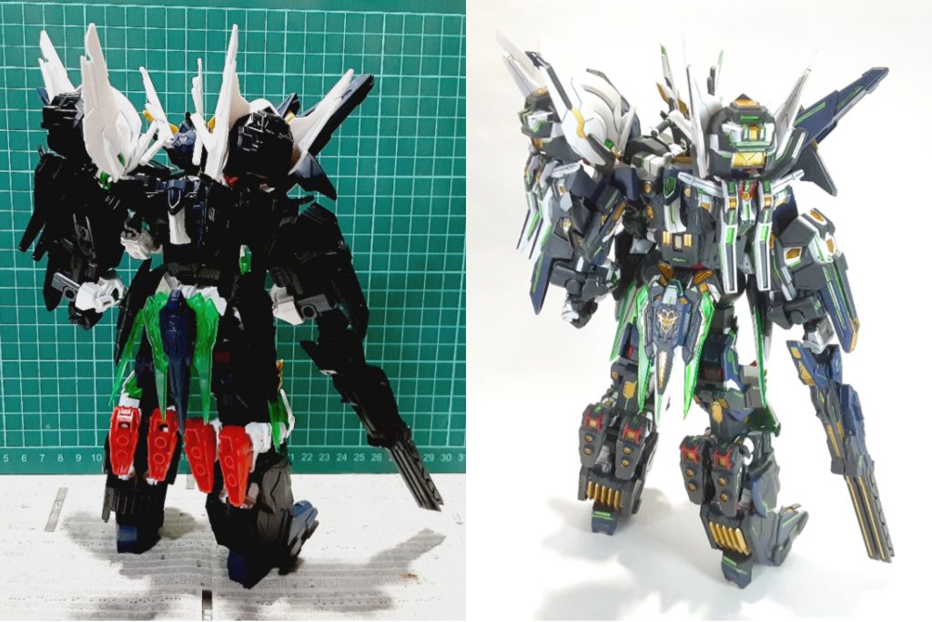 塗装前比較背面アストレアの足の加工がとにかく大変でした