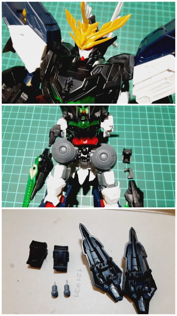 胴体や腰周りの加工首もとはのっぺりに感じたのでプラ板で襟を制作股関節はSDのボールジョイントだと安定性に不安を感じたのでジャンク品から脚の付け根パーツを移植、そのままだと奥まで挿せないので軸を削って調整太ももは軸受けを作る為にジャンク品から移植、元々ある太ももパーツを切断し接着してますサイドアーマーは接続位置を変更、太ももからキャプテンクアンタの肩に移植。軸だと干渉した際逃がす事が出来なかったのでボール軸に変更、それに伴い受け側もボールが入るように広げています 