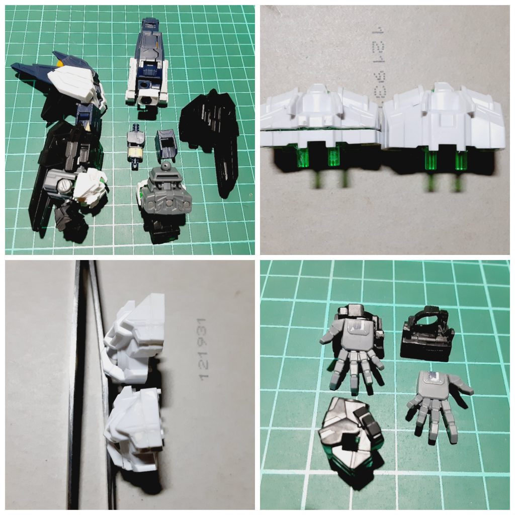 腕の加工二の腕ロールが欲しかったので別キットのGFアストレアタイプ-Fから軸や受けを移植し可動出来るように加工胴体パーツは干渉が酷かったので小型化。切断し薄くなるように削り込み、ツメ部分は一度カットし調整して再度接着開き手が欲しかったので余剰で余る拳パーツを加工。開き手はビルドハンド角を使用、ジョイントの隙間はプラ板で塞いでいます