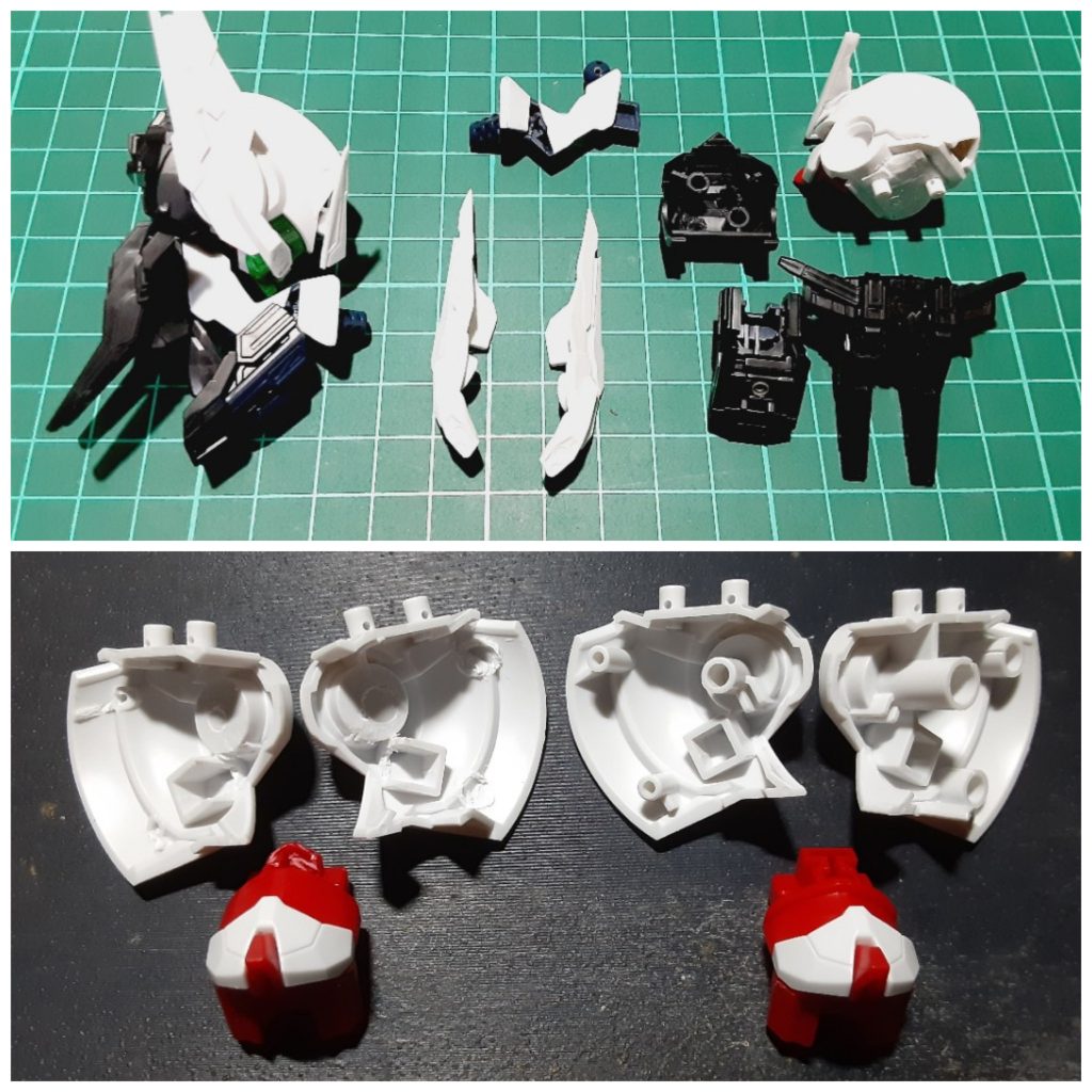 バックパックの加工仮組みした際バックヘビィだったので軽量化を図ってます。本来あるジョイントを全て切り飛ばし接着して固定、その際後ハメ加工も施してます。肉抜き穴はパテで埋めるとせっかく軽量化したのが水の泡なのでプラ板を使用し塞いでます