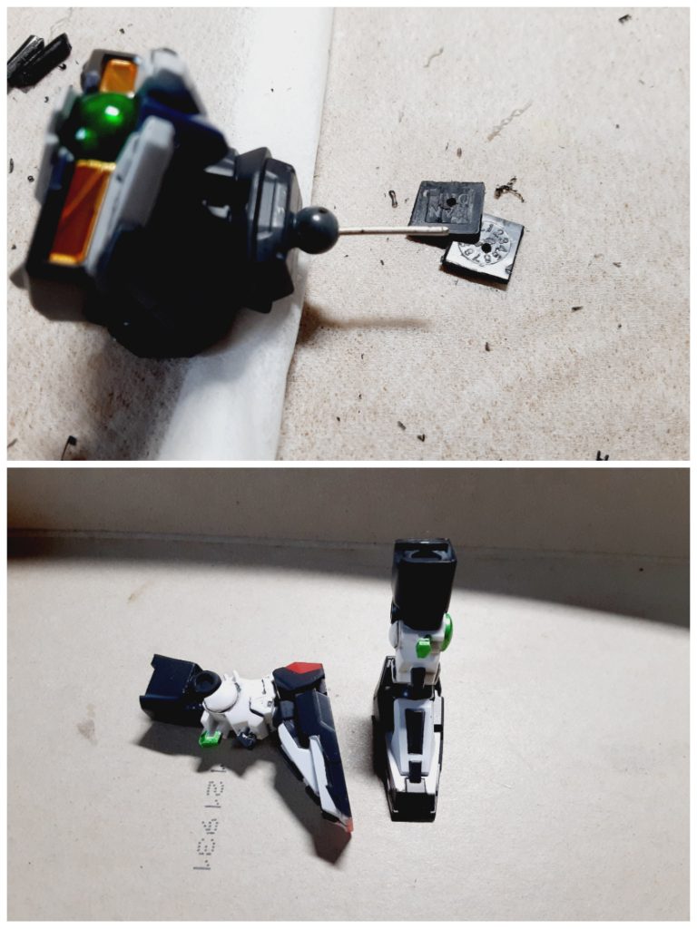 追記撮影してる時気になった箇所があったので改修クアンタの腰が自重に負けて仰け反っていたのでプラ板を貼って延長、ピンバイスで穴を空け針金で補強し瞬間接着剤で固定しましたポーズをつけた際クアンタの足首がよくぐにゃっていたので軽くヤスり瞬間接着剤で固定しました