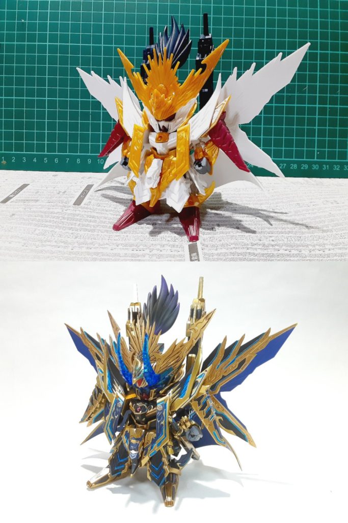 塗装前との比較基本的な加工は全体のシャープ化、肉抜き埋め。フロントスカートは動かせるように可動改造、胸の宝玉はVCドームに置き換えてます