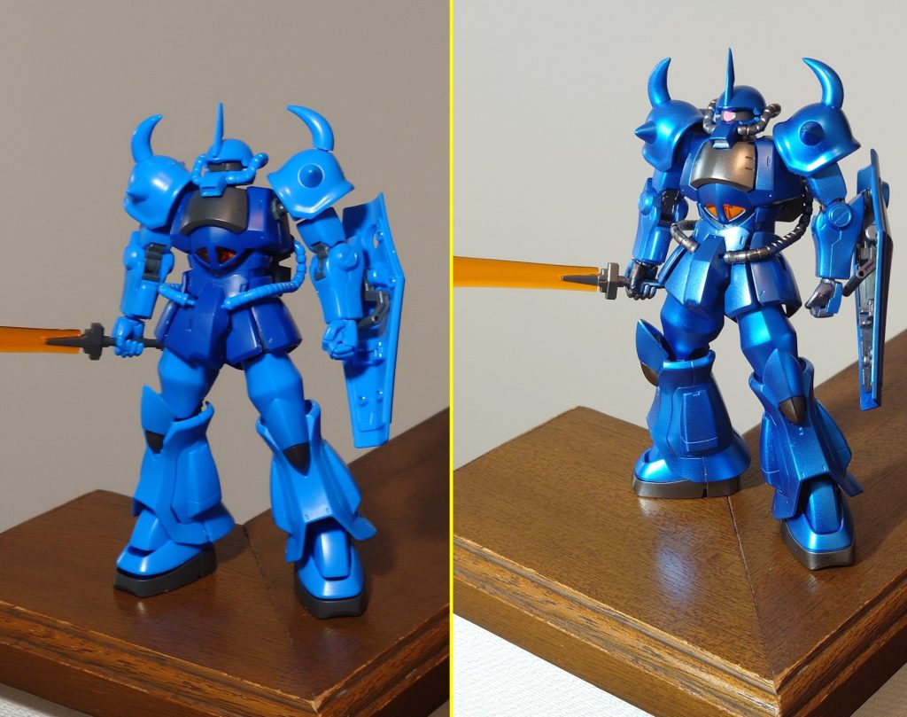 左が仮組、右が全塗装まで終わったところです。ちょっとギラギラし過ぎていた印象だったのでつや消しにしましたが、これはこれで良かったのかも。