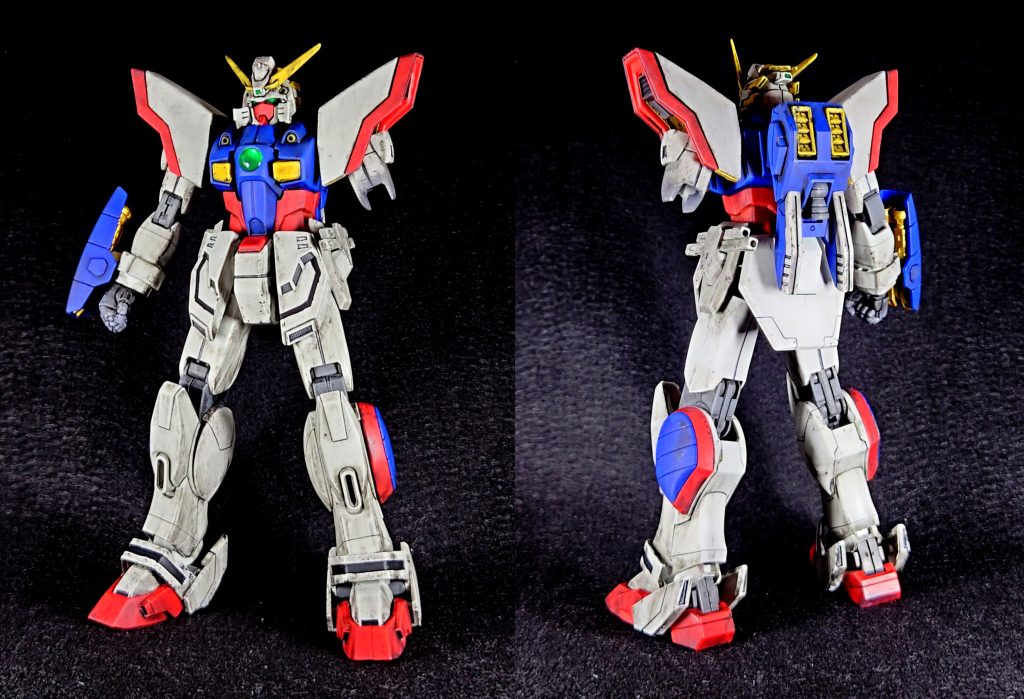 フェイスカバーが見つからずバトルモード/スーパーモード固定です。作った当時はプラモに慣れていなかったのとビスを使うというのがネックだったのかパワーで腕を捩じ切ってしまいました。ガンダムマーカーでの部分塗装とつや消ししかしていなかったので金部分など足りなかった個所は今回塗装しました。大部分は成型色です。いつもよりサイズが大きいので撮影がちょっと難しい…。