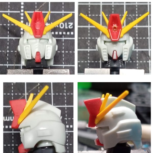 ＨＧのＺＺの改修【頭部】ＭＧのカトキverの顔が好みなので、寄せる。顔を分離し、上をカットし、顎ラインもシャープに。分かりずらいですがへの字のモールドの横幅をプラ板で縮小してます。赤色のパーツもプラ板を貼り角度調整。ハイメガの中心にビーズを埋めこむ。大分好みの顔になりました！（3枚目）