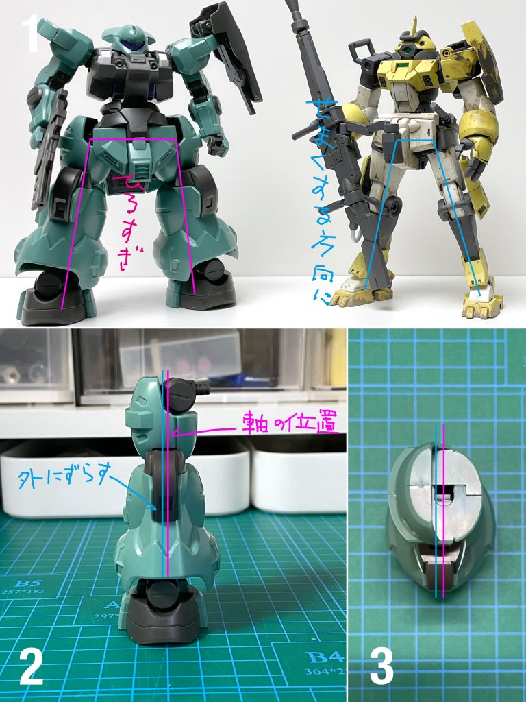 股関節パーツの太腿接続位置 太ももをどう長くしようかと見ていて思ったのが「股関節の位置おかしくない?」股関節の位置が上下で調整することはままあるけれどコイツは外すぎるでしょ! なんでこんなに外付なのか見ると円錐状の股関節接続パーツの太もも接続軸が中心から内側にずれているその分外側に出ているので、できる範囲で中心側にずらす方向で加工していくことに。 画像のピンクのラインがキットの位置でブルーのラインに変更していく。