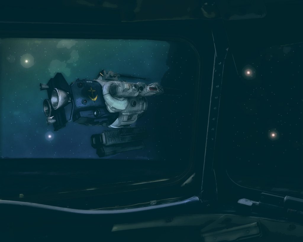 「知ってますこと?あれは予言の歌だって?」「予言?」レーチェルは唐突に言いだす。「あの歌の本当のタイトルは『宇宙の挽歌』」「『宇宙の挽歌』?」 挽歌とは葬送のとき、柩 (ひつぎ) を載せた車をひく人たちがうたう歌で、人の死を悼んで作る詩歌でもある。タイトルからして子供が慣れ親しむような歌には到底思えない。「あの歌が世に出始めたのは宇宙世紀元年頃、人類が本格的に宇宙に進出を始めた時に流行り始めた歌だと言われているわ」「比較的最近なんですね。旧世紀のものかとおもってました」「でも、この歌の作詞、作曲者は誰か分からないの…」「こんな有名な童謡なのに不明なんですか？」「ええ、当時の有名な作詞作曲家が作ったんじゃないかって、言われているけど真相は未だ分かっていないのです」「でも、それがなぜ予言の歌なんです？」「この戦争が始まってから噂され始めたんだけど、歌の歌詞が地球連邦軍とジオン公国軍の戦いを言っているんじゃないかってゴシップになっているのよ」「…まさか!?」チェスターは話半分に聞き笑った。「あくまで噂ですけど…。それでこの歌を作ったのはニュータイプではないかとも言われてますわ」「ニュータイプって人類が宇宙に出てから進化した人達の事ですよね？宇宙世紀元年に作られた歌だって言ってましたけど、人類が宇宙で生活する前からニュータイプという概念があったんですか？」「さあ、そこまでは私にも分かりませんわ。でもこの歌が今時大戦を予言し、それを作ったのが当時ニュータイプと呼ばれる様な存在の人物だと言うのが界隈では噂になっているの」「……ニュータイプ、…か」だとしたら何の為にそんな歌を作ったのだろう？とチェスターは疑問に思いながら話しを振り返った。「…あら、雑談し過ぎましたわ！兎に角、NT‐0の起動を急いでください！無人機が護衛に着いていても安心なりませんわ！」「そうでしたね、このシャトルは再突入を控えているんでしたね？機体は直接ホワイトユニサスに移送できるよう調整を急ぎます」チェスターはまた作業に取り掛かった。