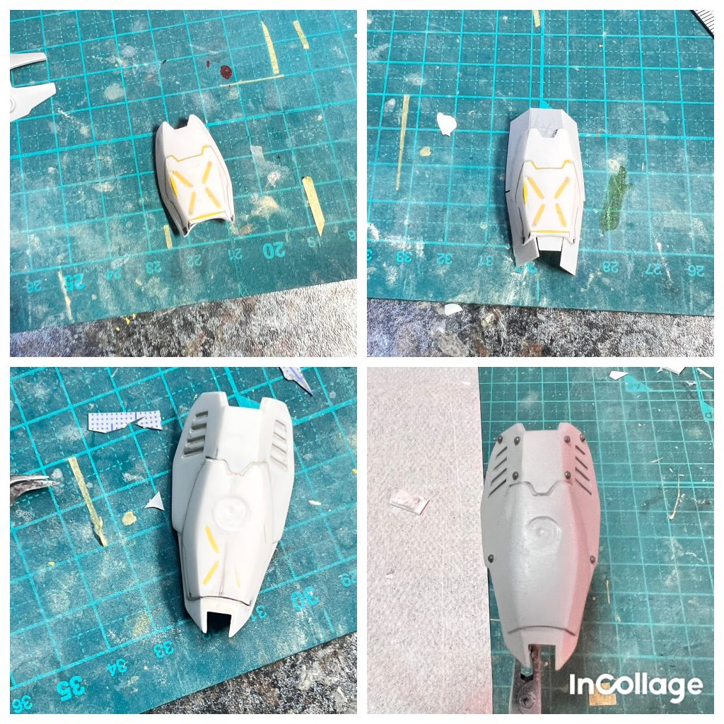 盾は影荒烈駆主の余りパーツのノーマルアレックスシールドを使いましたが、そのままじゃ小さすぎるので裏からプラ板を貼り付けてサイズを一回り大きくしました。