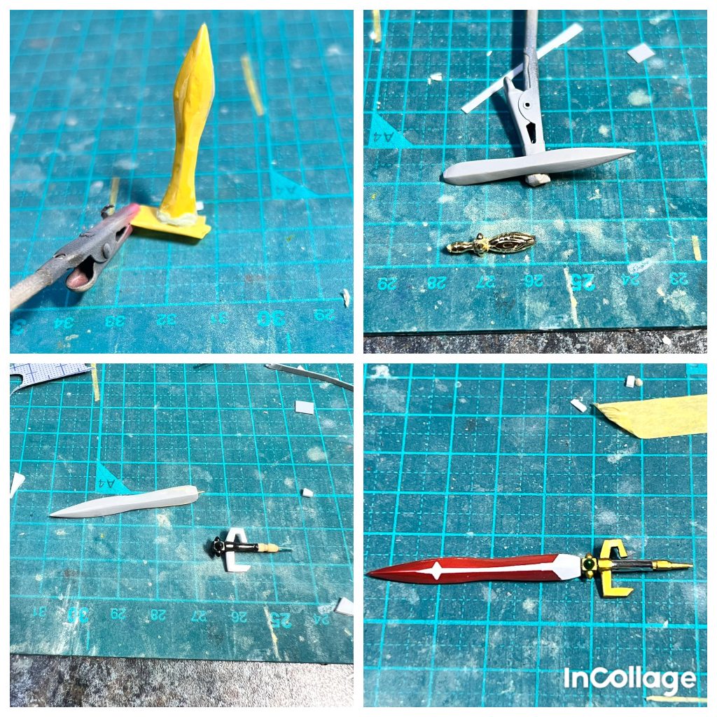 剣の製作工程です。刀身は剣の形に切り抜いたプラ板を十字に組み、ポリパテで肉付けそれをひたすら削って完成です。剣の鍔の部分は聖闘士星矢の天秤座聖衣のプラモから流用しました。刀身の塗装はビームサーベルのようにピンクが正解ですが手元になかったので赤で塗りました(仮面ライダーBLACKのサタンサーベルを意識しました)。