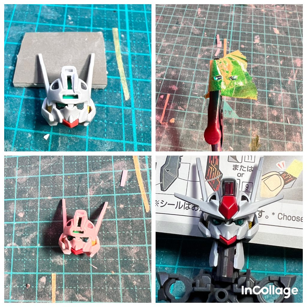 なので眼底部分をさらに削り、今度は目の幅いっぱいにプラ板を切り出しました。その上にレジンで作成したクリア目を貼り付けて瞳の完成です。私的にはこれでアニメのエアリアルの顔になったかなと思います。